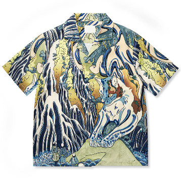 「猫と下野道黒神山の霧降滝の巡礼者たち」浮世絵風アロハシャツ