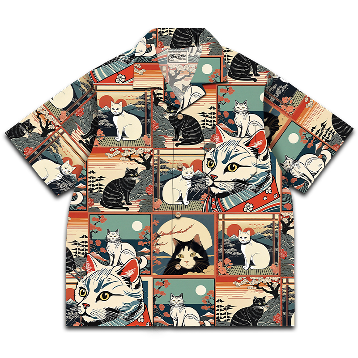 版画風「桜山にいた猫たち」浮世絵アロハシャツ